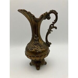 Vintage Ornate Floral Design Footed Brass Pitcher Vase Decor‎ Made in Italy 7"